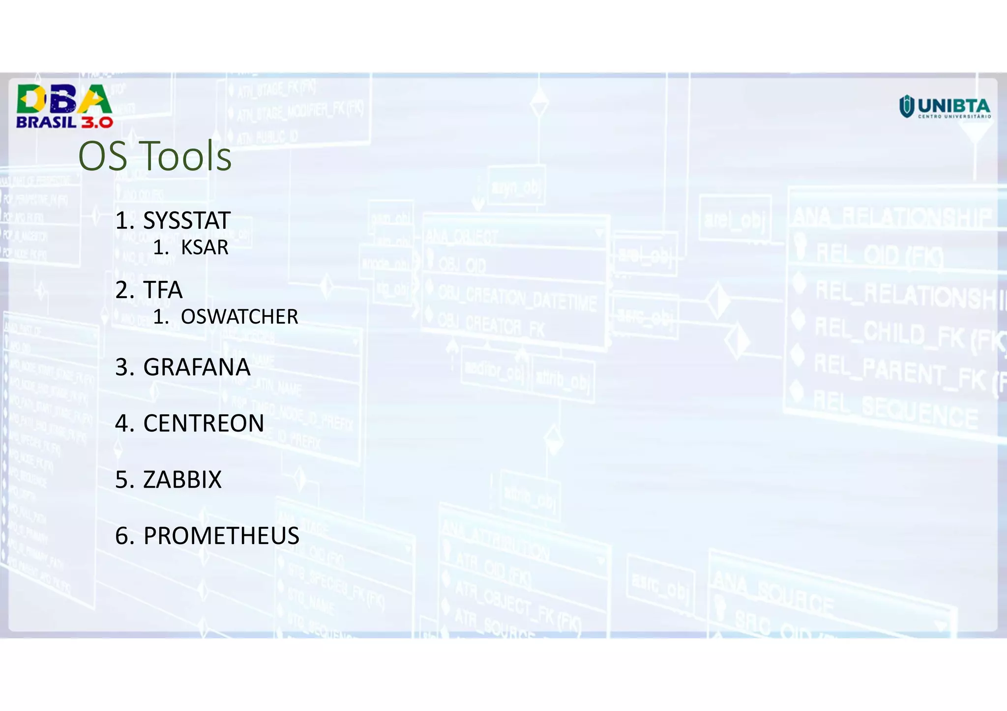 OS Tools
1. SYSSTAT
1. KSAR
2. TFA
1. OSWATCHER
3. GRAFANA
4. CENTREON
5. ZABBIX
6. PROMETHEUS
 