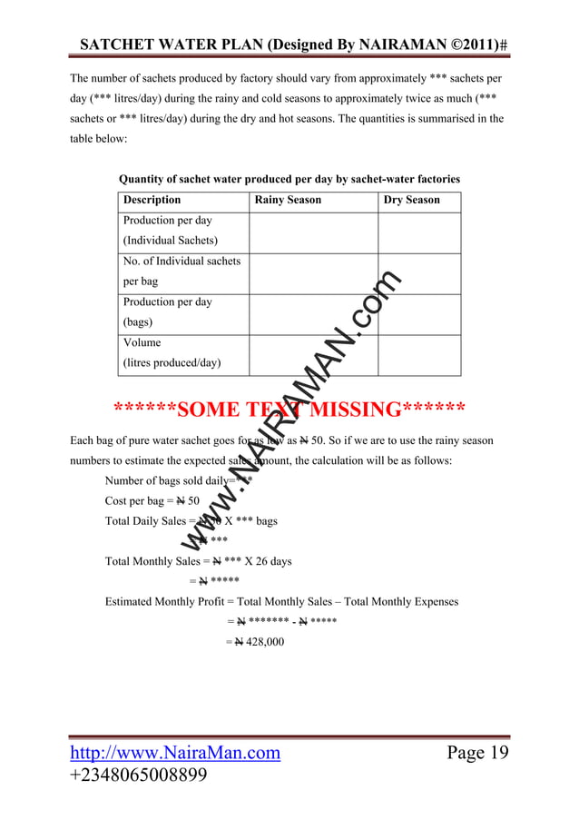 Sachet Pure Water Business plan & Feasibility Study PDF