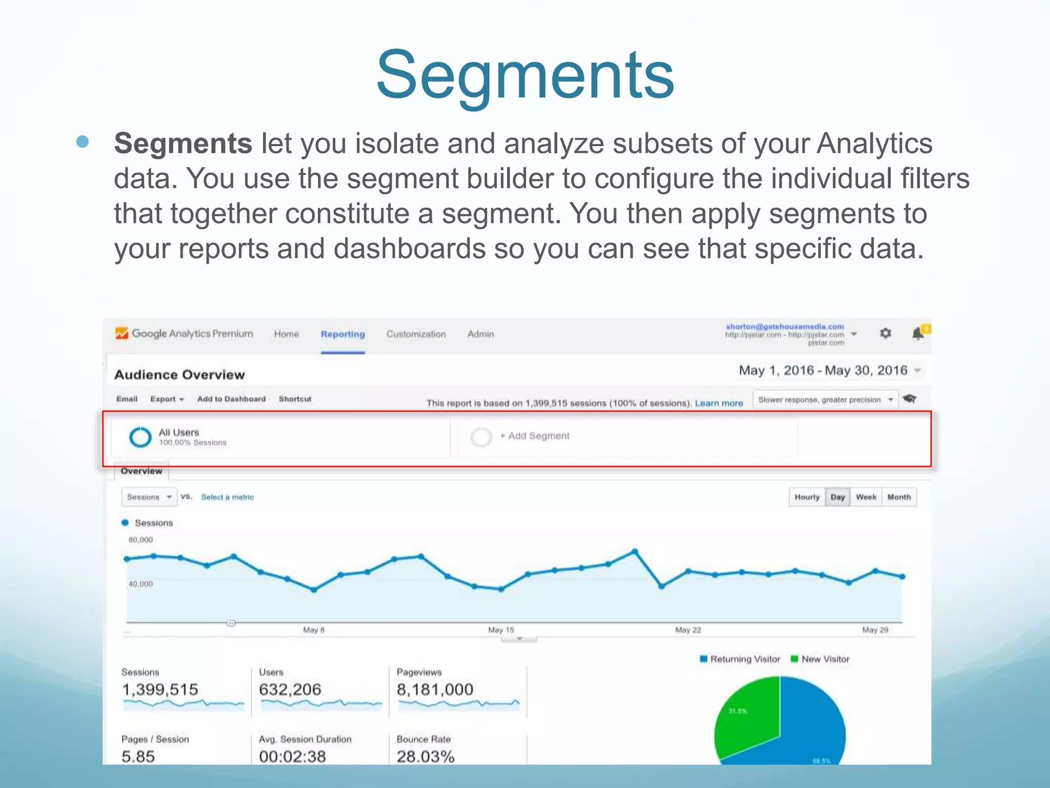 Segments
 Segments let you isolate and analyze subsets of your Analytics
data. You use the segment builder to configure the individual filters
that together constitute a segment. You then apply segments to
your reports and dashboards so you can see that specific data.
 