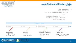30
‫ماژول‬Outbound Routes(‫ادامه‬)
•Dial patterns:
–‫امکان‬import/export‫شماره‬ ‫الگوهای‬
‫گیری‬
–‫از‬ ‫مندی‬ ‫بهره‬Dial plan Wizard
‫تعاریف‬ ‫در‬ ‫سهولت‬ ‫جهت‬
Prefix:
‫گردد‬ ‫می‬ ‫حذف‬
Prepend:
‫گردد‬ ‫می‬ ‫اضافه‬
Match Pattern:
‫قبول‬ ‫قابل‬ ‫الگوی‬
Caller ID:
‫قبول‬ ‫قابل‬ ‫الگوی‬CID
 