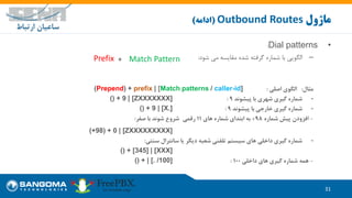 31
‫ماژول‬Outbound Routes(‫ادامه‬)
•Dial patterns:
–‫شود‬ ‫می‬ ‫مقایسه‬ ‫شده‬ ‫گرفته‬ ‫شماره‬ ‫با‬ ‫الگویی‬:
‫مثال‬:‫اصلی‬ ‫الگوی‬:(Prepend) + prefix | [Match patterns / caller-id]
-‫پیشوند‬ ‫با‬ ‫شهری‬ ‫گیری‬ ‫شماره‬9:() + 9 | [ZXXXXXXX]
-‫شماره‬‫گیری‬‫خارجی‬‫پیشوند‬ ‫با‬9:() + 9 | [X.]
-‫شماره‬ ‫پیش‬ ‫افزودن‬98+‫های‬ ‫شماره‬ ‫ابتدای‬ ‫به‬11‫رقمی‬‫صفر‬ ‫با‬ ‫شوند‬ ‫شروع‬:
(+98) + 0 | [ZXXXXXXXXX]
-‫سنتی‬ ‫سانترال‬ ‫یا‬ ‫دیگر‬ ‫شعبه‬ ‫تلفنی‬ ‫سیستم‬ ‫های‬ ‫داخلی‬ ‫گیری‬ ‫شماره‬:
() + [345] | [XXX]
-‫داخلی‬ ‫های‬ ‫گیری‬ ‫شماره‬ ‫همه‬100:() + | [. /100]
Prefix + Match Pattern
 