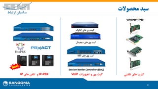 ‫تلفنی‬ ‫های‬ ‫کارت‬
‫آنالوگ‬ ‫های‬ ‫وی‬ ‫گیت‬
Session Border Controllers (SBC)
4
‫محصوالت‬ ‫سبد‬
‫تجهیزات‬ ‫و‬ ‫وی‬ ‫گیت‬VoIP
‫های‬ ‫وی‬ ‫گیت‬SS7
IP-PBX‫و‬‫های‬ ‫تلفن‬IP
‫دیجیتال‬ ‫های‬ ‫وی‬ ‫گیت‬
 