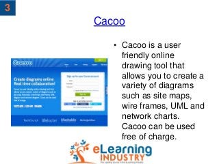 Cacoo
• Cacoo is a user
friendly online
drawing tool that
allows you to create a
variety of diagrams
such as site maps,
wi...
