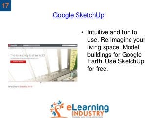 Google SketchUp
• Intuitive and fun to
use. Re-imagine your
living space. Model
buildings for Google
Earth. Use SketchUp
f...