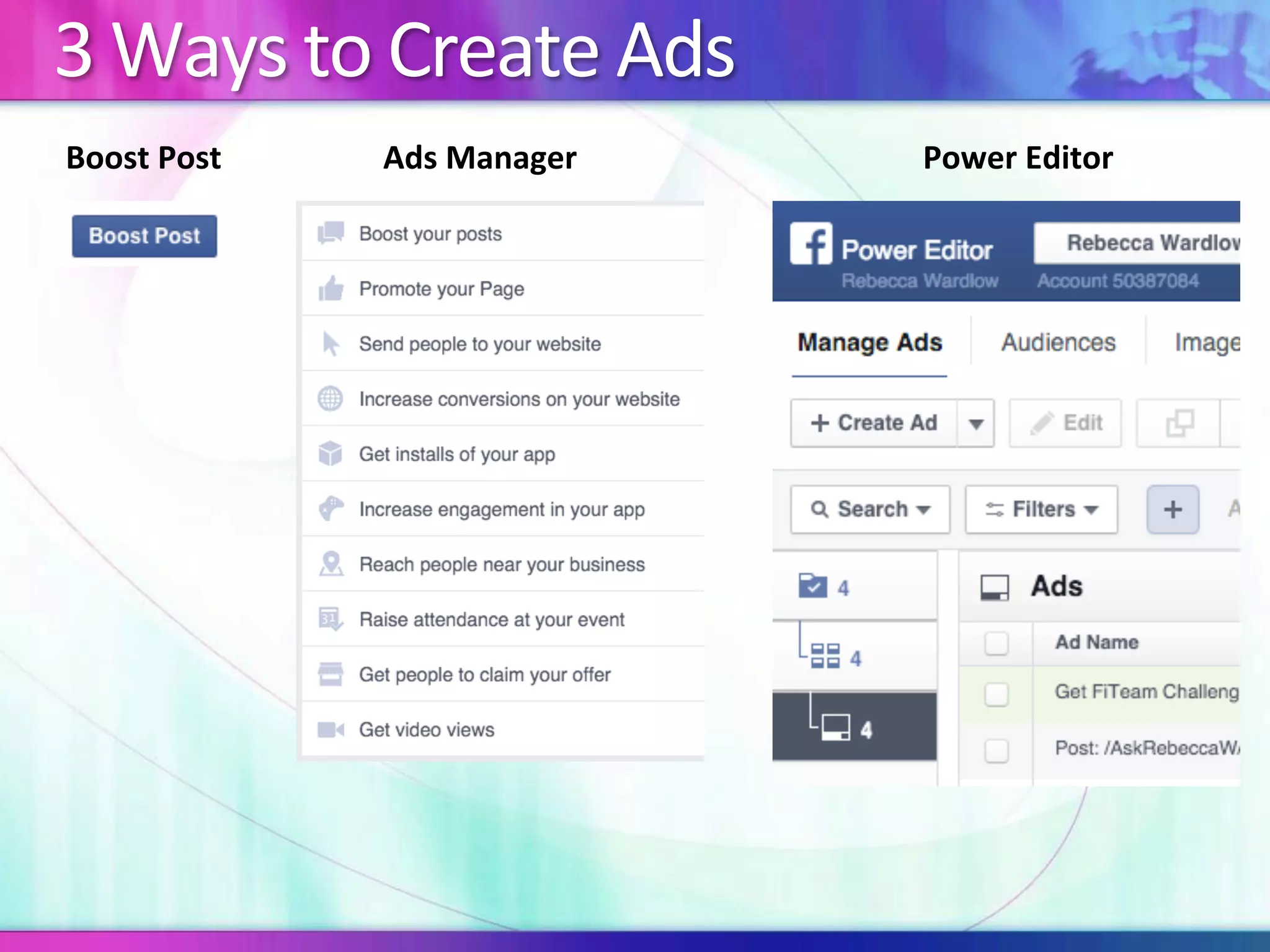 3	Ways	to	Create	Ads	
Ads	Manager	 Power	Editor	Boost	Post	
 