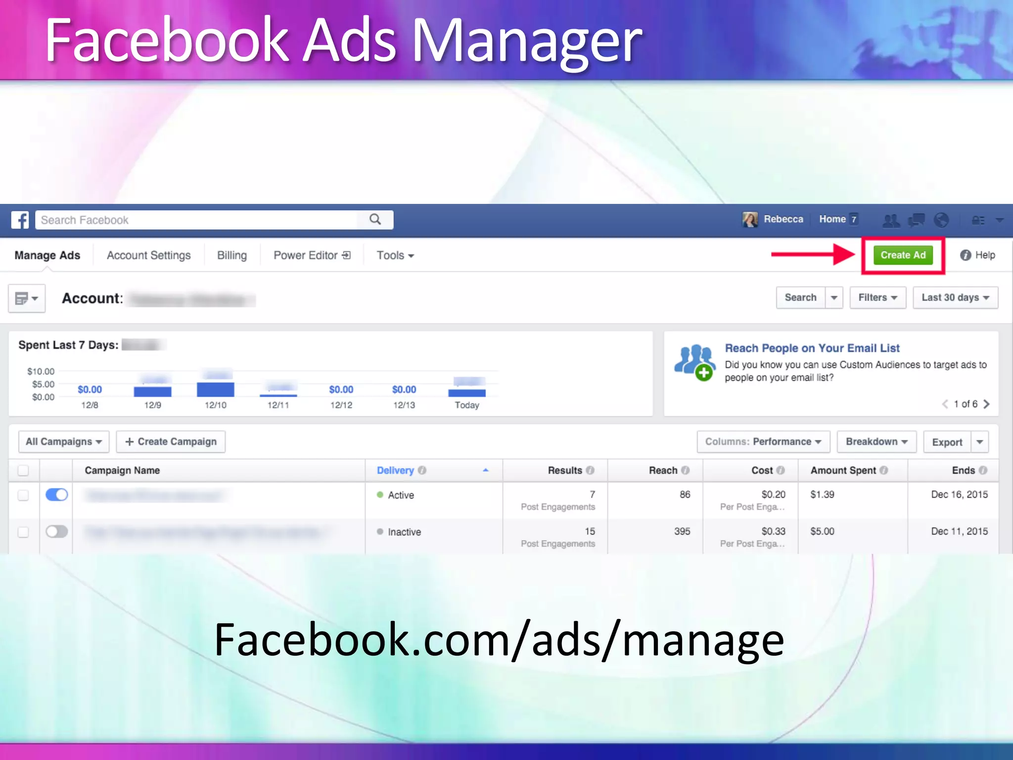 Facebook	Ads	Manager	
Facebook.com/ads/manage		
 