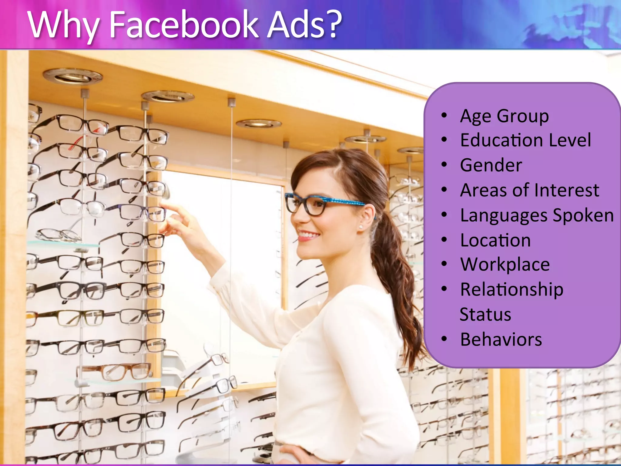 Why	Facebook	Ads?	
•  Age	Group	
•  Educa:on	Level	
•  Gender	
•  Areas	of	Interest	
•  Languages	Spoken	
•  Loca:on		
•  Workplace	
•  Rela:onship	
Status	
•  Behaviors	
	
 