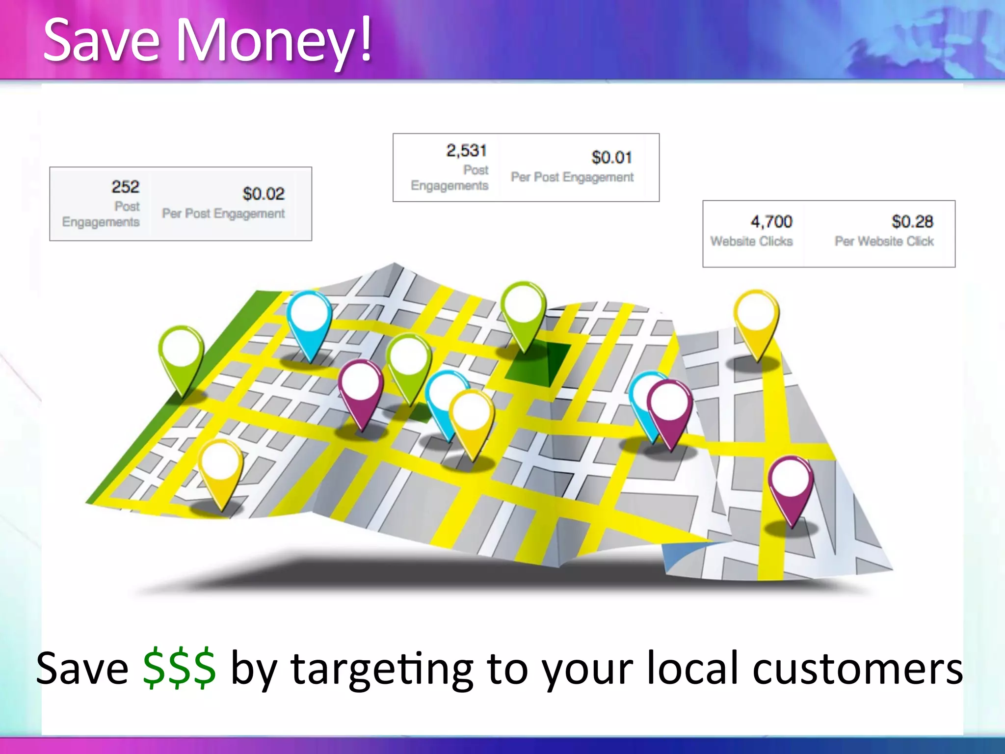Save	Money!	
Save	$$$	by	targe:ng	to	your	local	customers	
 