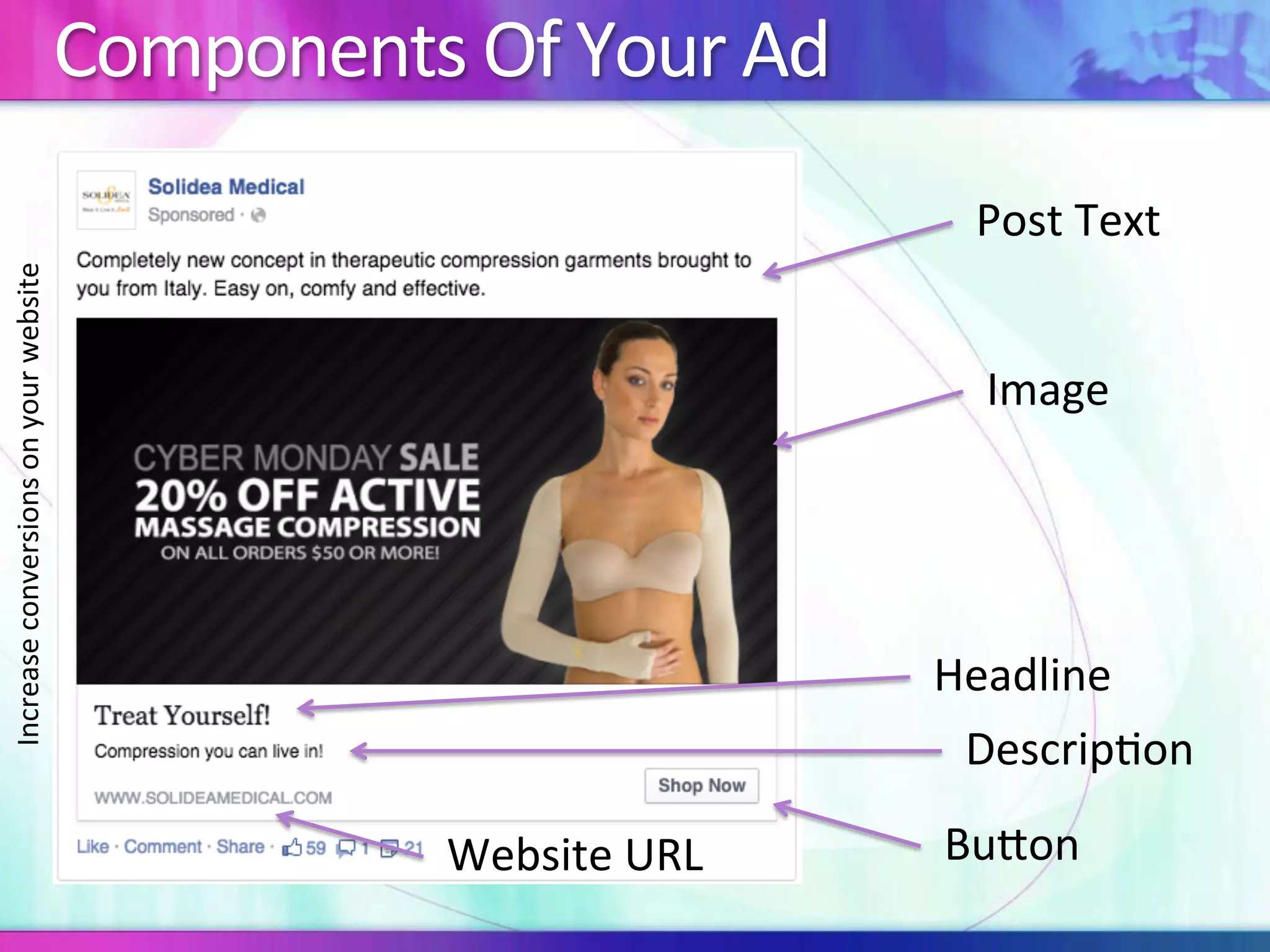 Components	Of	Your	Ad	
Post	Text	
Image	
Headline	
Descrip:on	
BuIon	Website	URL	
Increase	conversions	on	your	website	
 