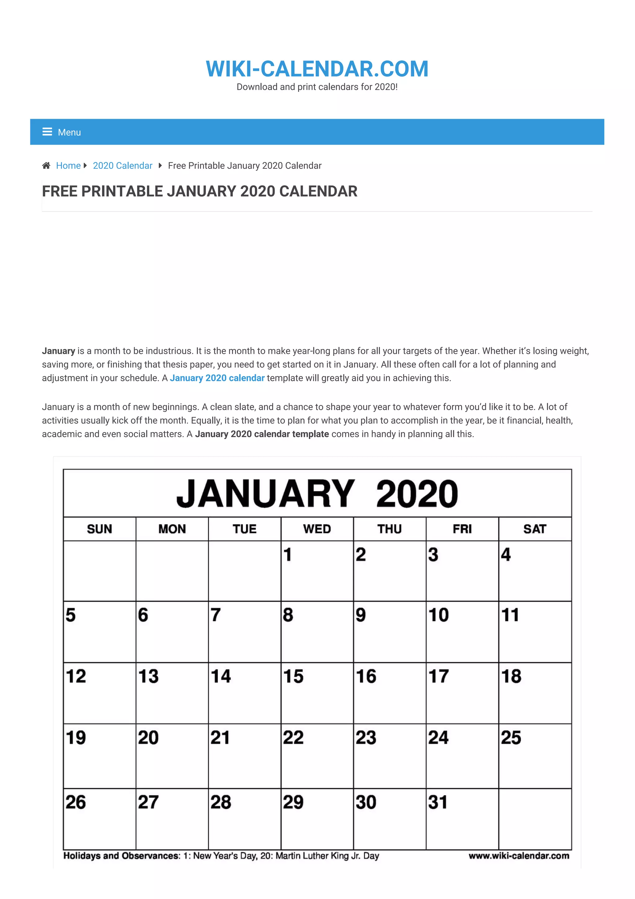 Free Printable January 2020 Calendar - Wiki Calendar Com | PDF