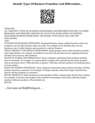 Identify Types Of Business Franchises And Differentiate...
TASK ONE:
Q1.1 IDENTIFY TYPES OF BUSINESS FRANCHISES AND DIFFERENTIATE KEY FACTORS.
RESEARCH AND PROVIDE EXISTING OF EACH TYPE IN RELATION TO EXISTING
FRANCHISE BUSINESS OPERATION. FRANCHISE TYPES MUST INCLUDE THE
FOLLOWING:
ANS:
INTEGRATED BUSINESS OPERATION: Integrated business means combine business where two
companies can run their business under one name. For example: In fix franchise they run two
businesses one is coffee business and second one is subway business.
SINGLE PRODUCT OR SERVICE OPERATIONS: Single product means where franchise provides
only single product. For example: In Southern Cross they only provide services regarding insurance
and they do not sell any other products.
MANUFACTURING AND WHOLESALE: Some companies manufacture their products and then
they do wholesale. For example: In systema plastic company then manufacture the plastic products
such as microwave bowl, Tiffin and other containers. Then they sell their products on wholesale prices
to local retailers.
MANUFACTURING AND RETAIL: Some companies manufacture their products then they sell their
products directly to customers. For Example: In burger king they make their burgers and then they
directly sell their products to customers.
RETAIL PRODUCTS: Retail products are those products which customers buy directly from retailers.
For example: Customers buy products from countdown according to their daily needs like kitchen
products, bathroom products, office products etc.
RETAIL
... Get more on HelpWriting.net ...
 
