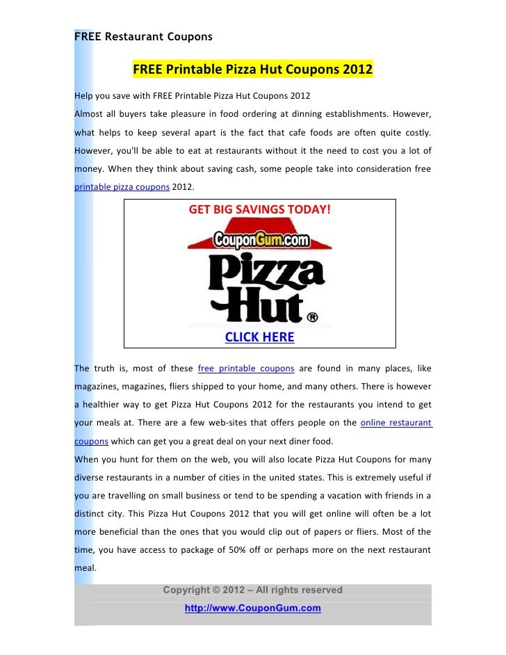 FREE Printable Pizza Hut Coupons 2012