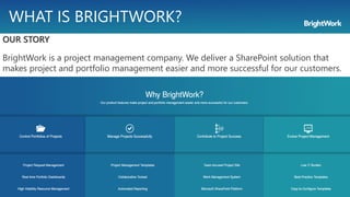 WHAT IS BRIGHTWORK?
OUR STORY
BrightWork is a project management company. We deliver a SharePoint solution that
makes project and portfolio management easier and more successful for our customers.
 