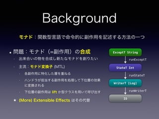 Background
•問題：モナド（=副作用）の合成
• 出来合いの物を合成し新たなモナドを創りたい
• 主流：モナド変換子 (MTL)
• 各副作用に特化した層を重ねる
• ハンドラが担当する副作用を処理して下位層の効果
に変換される
• 下位層の副作用は lift か型クラスを用いて呼び出す
★ (More) Extensible Eﬀects はその代替
モナド：関数型言語で命令的に副作用を記述する方法の一つ
ExceptT String
StateT Int
WriterT [Log]
IO
runExceptT
runStateT
runWriterT
 