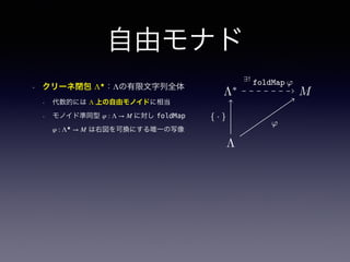 自由モナド
• クリーネ閉包 Λ★
：Λの有限文字列全体
• 代数的には Λ 上の自由モノイドに相当
• モノイド準同型 φ : Λ → M に対し foldMap
φ : Λ★
→ M は右図を可換にする唯一の写像
Λ∗
S
Λ
ϕ
{ · }
∃!
ϕ
Λ∗
S
Λ
ϕ
{ · }
∃!
ϕ
Λ∗
M
Λ
ϕ
{ · }
∃!
ϕ
 