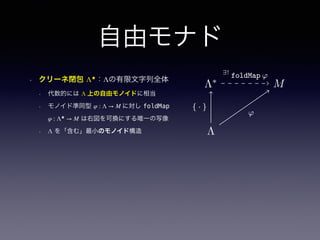 自由モナド
• クリーネ閉包 Λ★
：Λの有限文字列全体
• 代数的には Λ 上の自由モノイドに相当
• モノイド準同型 φ : Λ → M に対し foldMap
φ : Λ★
→ M は右図を可換にする唯一の写像
• Λ を「含む」最小のモノイド構造
Λ∗
S
Λ
ϕ
{ · }
∃!
ϕ
Λ∗
S
Λ
ϕ
{ · }
∃!
ϕ
Λ∗
M
Λ
ϕ
{ · }
∃!
ϕ
 