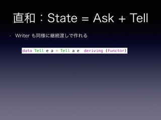 直和：State = Ask + Tell
data Tell e a = Tell a e deriving (Functor)
• Writer も同様に継続渡しで作れる
 