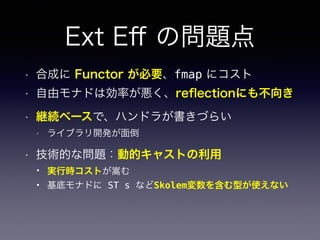 Ext Eﬀ の問題点
• 合成に Functor が必要、fmap にコスト
• 自由モナドは効率が悪く、reﬂectionにも不向き
• 継続ベースで、ハンドラが書きづらい
• ライブラリ開発が面倒
• 技術的な問題：動的キャストの利用
• 実行時コストが嵩む
• 基底モナドに ST s などSkolem変数を含む型が使えない
 