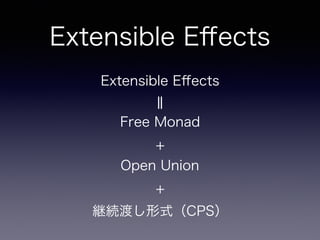 Extensible Eﬀects
Extensible Eﬀects
‖
Free Monad
+
Open Union
+
継続渡し形式（CPS）
 