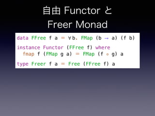 自由 Functor と 
Freer Monad
data FFree f a ＝ ∀ b. FMap (b → a) (f b)
instance Functor (FFree f) where
fmap f (FMap g a) ＝ FMap (f ◦ g) a
type Freer f a ＝ Free (FFree f) a
 