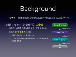 Background
•問題：モナド（=副作用）の合成
• 出来合いの物を合成し新たなモナドを創りたい
• 主流：モナド変換子 (MTL)
• 各副作用に特化した層を重ねる
• ハンドラが担当する副作用を処理して下位層の効果
に変換される
モナド：関数型言語で命令的に副作用を記述する方法の一つ
ExceptT String
StateT Int
WriterT [Log]
IO
runExceptT
runStateT
runWriterT
 