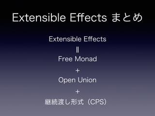 Extensible Eﬀects まとめ
Extensible Eﬀects
‖
Free Monad
+
Open Union
+
継続渡し形式（CPS）
 