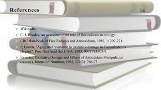 References
 Wikipedia
 C. J. Rhodes, An overview of the role of free radicals in biology.
 CRC Handbook of Free Radicals and Antioxidants, 1989, 1: 209-221.
 P, Larsen, "Aging and resistance to oxidative damage in Caenorhabditis
elegans". Proc Natl Acad Sci U S A, 1993, 90 (19):8905-9.
 Exercise, Oxidative Damage and Effects of Antioxidant Manipulation
(review). Journal of Nutrition, 1992, 122(3): 766-73.
14
 