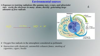 Environmental sources
Exposure to ionizing radiations like gamma rays, x-rays, and ultraviolet
rays excite the electrons in many atoms, thereby generating large
amounts of free radicals.
H2O U.V. Rays HO▪ + H+
 Oxygen free radicals in the atmosphere considered as pollutants
 Interaction with chemicals, automobile exhausts fumes, smoking of
cigarettes, cigars, beedie
6
 