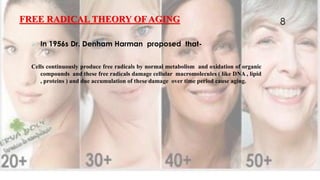 FREE RADICAL THEORY OF AGING
 In 1956s Dr. Denham Harman proposed that-
Cells continuously produce free radicals by normal metabolism and oxidation of organic
compounds and these free radicals damage cellular macromolecules ( like DNA , lipid
, proteins ) and due accumulation of these damage over time period cause aging.
8
 
