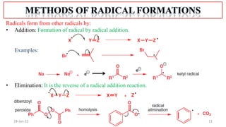 11
18-Jan-22
Radicals form from other radicals by:
• Addition: Formation of radical by radical addition.
Examples:
• Elimination: It is the reverse of a radical addition reaction.
 