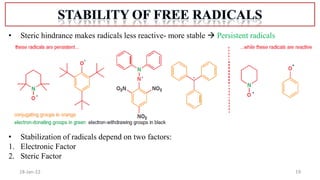 19
18-Jan-22
• Steric hindrance makes radicals less reactive- more stable  Persistent radicals
• Stabilization of radicals depend on two factors:
1. Electronic Factor
2. Steric Factor
 