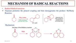 25
18-Jan-22
• Radical-Radical reactions
 Titanium promotes the pinacol coupling and then deoxygenates the product: McMurry
Reaction
Mechanism:
 