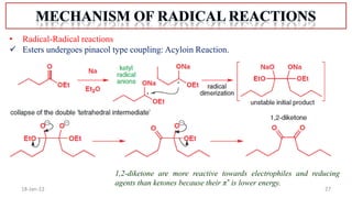 27
18-Jan-22
• Radical-Radical reactions
 Esters undergoes pinacol type coupling: Acyloin Reaction.
1,2-diketone are more reactive towards electrophiles and reducing
agents than ketones because their π* is lower energy.
 