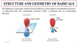 4
18-Jan-22
The difference in geometry results from the difference in the number of nonbonding electrons.
A carbocation has zero nonbonding electrons, while a carbanion has two nonbonding
electrons.
 