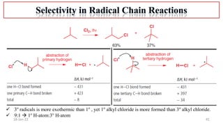 41
18-Jan-22
 3o
radicals is more exothermic than 1o
, yet 1o
alkyl chloride is more formed than 3o
alkyl chloride.
 9:1  1o
H-atom:3o
H-atom
 