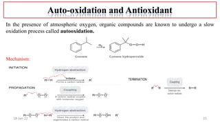 55
18-Jan-22
In the presence of atmospheric oxygen, organic compounds are known to undergo a slow
oxidation process called autooxidation.
Mechanism:
 