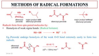6
18-Jan-22
Radicals form from spin paired molecules by:
• Homolysis of weak sigma bonds: (Radical Initiator)
Eg.,Peroxide undergo homolysis of the weak O-O bond extremely easily to form two
radicals.
 