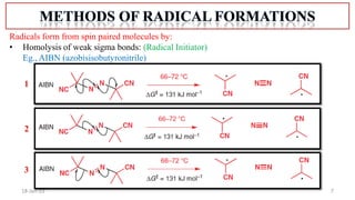7
18-Jan-22
Radicals form from spin paired molecules by:
• Homolysis of weak sigma bonds: (Radical Initiator)
Eg., AIBN (azobisisobutyronitrile)
1
2
3
 