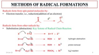 9
18-Jan-22
Radicals form from spin paired molecules by:
• Electron transfer, i.e., reduction(addition of an electron)
Radicals form from other radicals by:
• Substitution (abstraction): Key feature of Radical Chain Reaction.
 