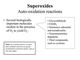 • Glyceraldehyde
• FADH2
• Hormones adrenalin
and noradrenalin
• Neurotransmitter
dopamine
• Thiol compounds,
such as cysteine
Note: O2 is poorly reactive, so most
auto-oxidation reactions are greatly
accelerated by transition metals, such as
iron and copper.
• Several biologically
important molecules
oxidize in the presence
of O2 to yield O2
-.
Superoxides
Auto-oxidation reactions
 