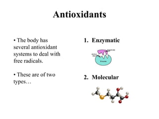 1. Enzymatic
2. Molecular
• The body has
several antioxidant
systems to deal with
free radicals.
• These are of two
types…
Antioxidants
 