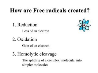 How are Free radicals created?
1. Reduction
Loss of an electron
2. Oxidation
Gain of an electron
3. Homolytic cleavage
The splitting of a complex molecule, into
simpler molecules
 