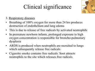 Clinical significance 3.  Respiratory diseases Breathing of 100% oxygen for more than 24 hrs produces destruction of endothelium and lung edema This is due to release of free radicals by activated neutrophils In premature newborn infants, prolonged exposure to high oxygen concentration is responsible for broncho-pulmonary dysplasia ARDS is produced when neutrophils are recruited to lungs which subsequently release free radicals Cigarette smoke contains free radicals. Soot attracts neutrophils to the site which releases free radicals 