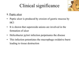 Clinical significance 8.  Peptic ulcer Peptic ulcer is produced by erosion of gastric mucosa by HCl It is shown that superoxide anions are involved in the formation of ulcer  Helicobacter pylori infection perpetuates the disease This infection potentiates the macrophage oxidative burst leading to tissue destruction 