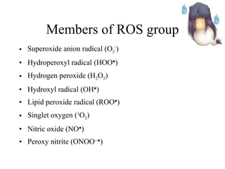 Members of ROS group Superoxide anion radical (O 2 - ) Hydroperoxyl radical (HOO ● ) Hydrogen peroxide (H 2 O 2 ) Hydroxyl radical (OH ● ) Lipid peroxide radical (ROO ● ) Singlet oxygen ( 1 O 2 ) Nitric oxide (NO ● ) Peroxy nitrite (ONOO --● ) 