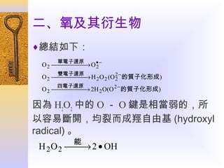 二、氧及其衍生物
♦總結如下：
單電子還原

O 2     → O • −

2
雙電子還原

O 2     → H 2 O 2 (O 2 − 的質子化形成)

2
四電子還原

O 2    → 2H 2 O(O 2 − 的質子化形成)

因為 H2O2 中的 O － O 鍵是相當弱的，所
以容易斷開，均裂而成羥自由基 (hydroxyl
radical) 。
能

H 2 O 2 → 2 • OH

 