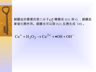 銅鹽由於變價而使二分子 O • −轉變成 H2O2 和 O2 ，銅鹽起
2
著催化劑作用。銅鹽也可以與 H2O2 反應生成 ˙OH 。

Cu + + H 2 O 2 → Cu 2 + + •OH + OH −

 