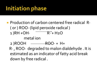  Production of carbon centered free radical R·
( or ) ROO· (lipid peroxide radical )
1 )RH +OH· R· + H2O
metal ion
2 )ROOH ROO· + H+
R· , ROO· degraded to malon dialdehyde . It is
estimated as an indicator of fatty acid break
down by free radical .
 