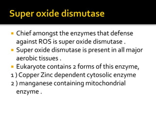  Chief amongst the enzymes that defense
against ROS is super oxide dismutase .
 Super oxide dismutase is present in all major
aerobic tissues .
 Eukaryote contains 2 forms of this enzyme,
1 ) Copper Zinc dependent cytosolic enzyme
2 ) manganese containing mitochondrial
enzyme .
 