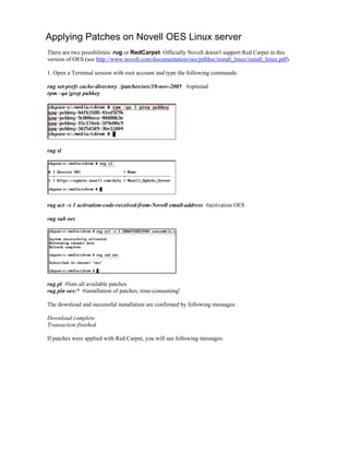 Applying Patches on Novell OES Linux server
There are two possibilities: rug or RedCarpet. Officially Novell doesn't support Red Carpet in this
version of OES (see http://www.novell.com/documentation/oes/pdfdoc/install_linux/install_linux.pdf).
1. Open a Terminal session with root account and type the following commands:
rug set-prefs cache-directory /patches/oes/10-nov-2005 #optional
rpm –qa |grep pubkey
rug sl
rug act –s 1 activation-code-received-from-Novell email-address #activation OES
rug sub oes
rug pl #lists all available patches
rug pin oes:* #installation of patches, time-consuming!
The download and successful installation are confirmed by following messages:
Download complete
Transaction finished
If patches were applied with Red Carpet, you will see following messages:
 